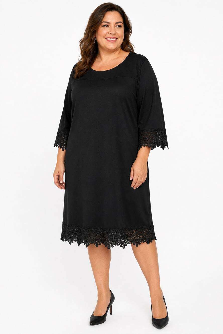 Catherines Black Lace Trim Dress 1X Plus Size 3/4 Sleeve Knee Length